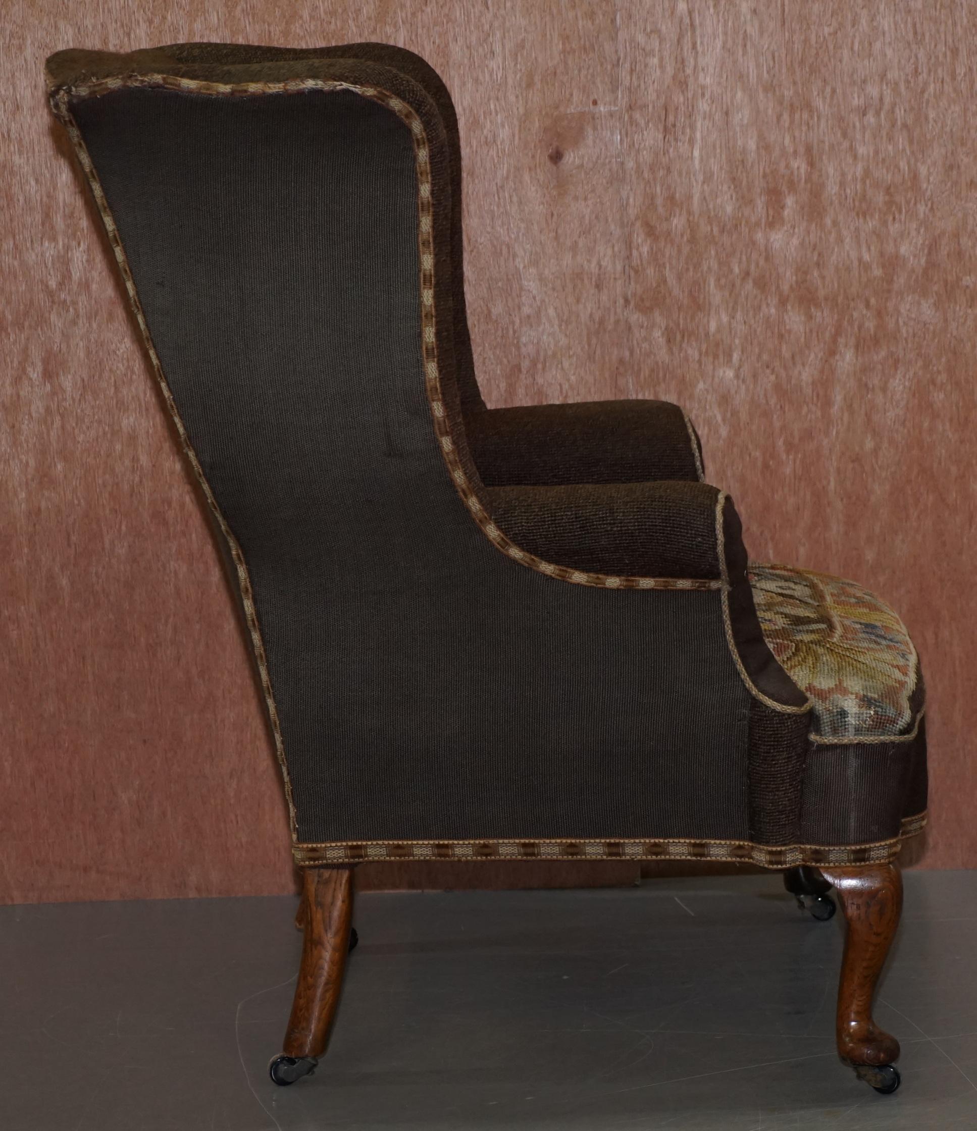 Original circa 1840 Antique Victorian Wingback Armchair Embroidered Upholstery For Sale 3