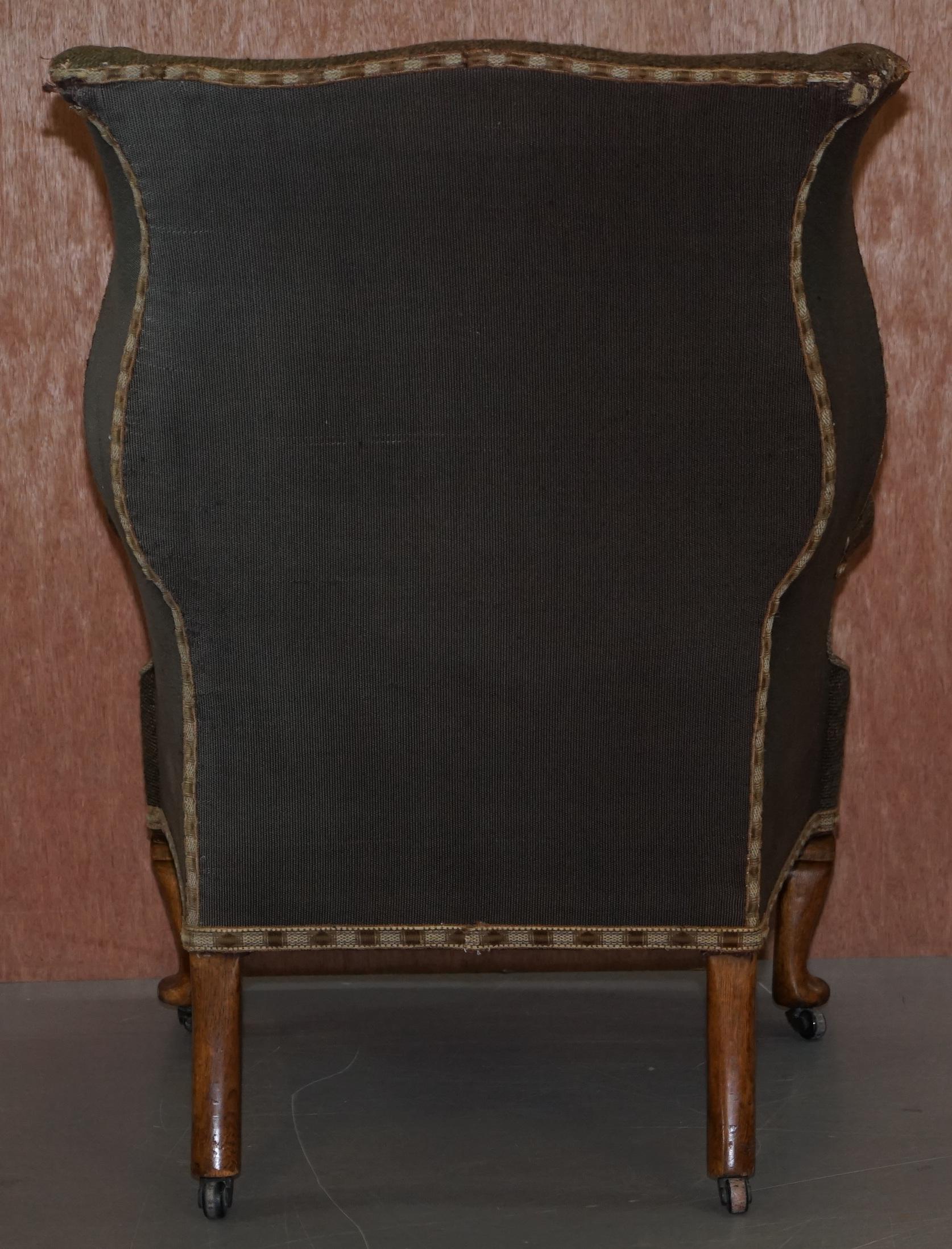 Original circa 1840 Antique Victorian Wingback Armchair Embroidered Upholstery For Sale 6