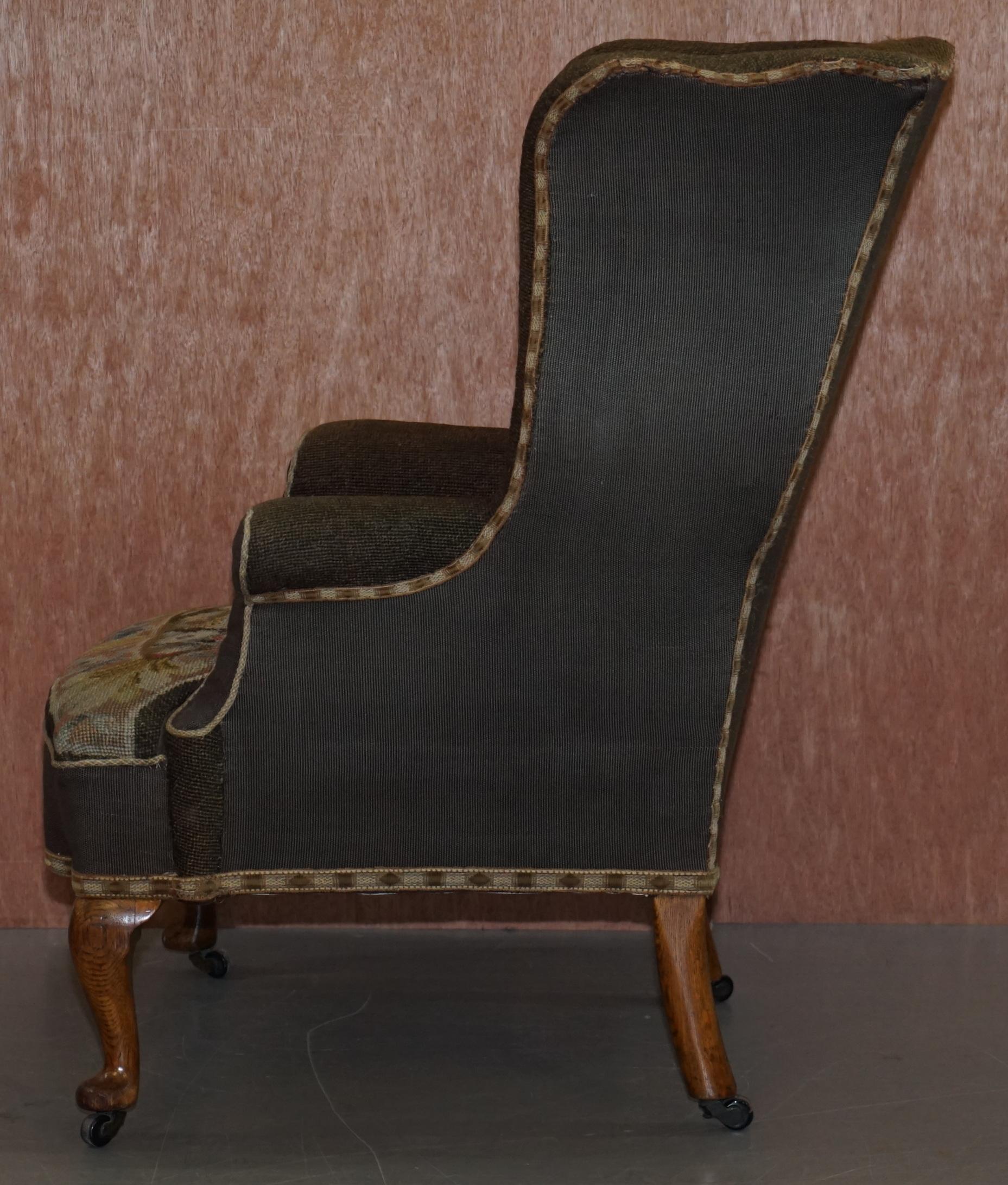 Original circa 1840 Antique Victorian Wingback Armchair Embroidered Upholstery For Sale 8