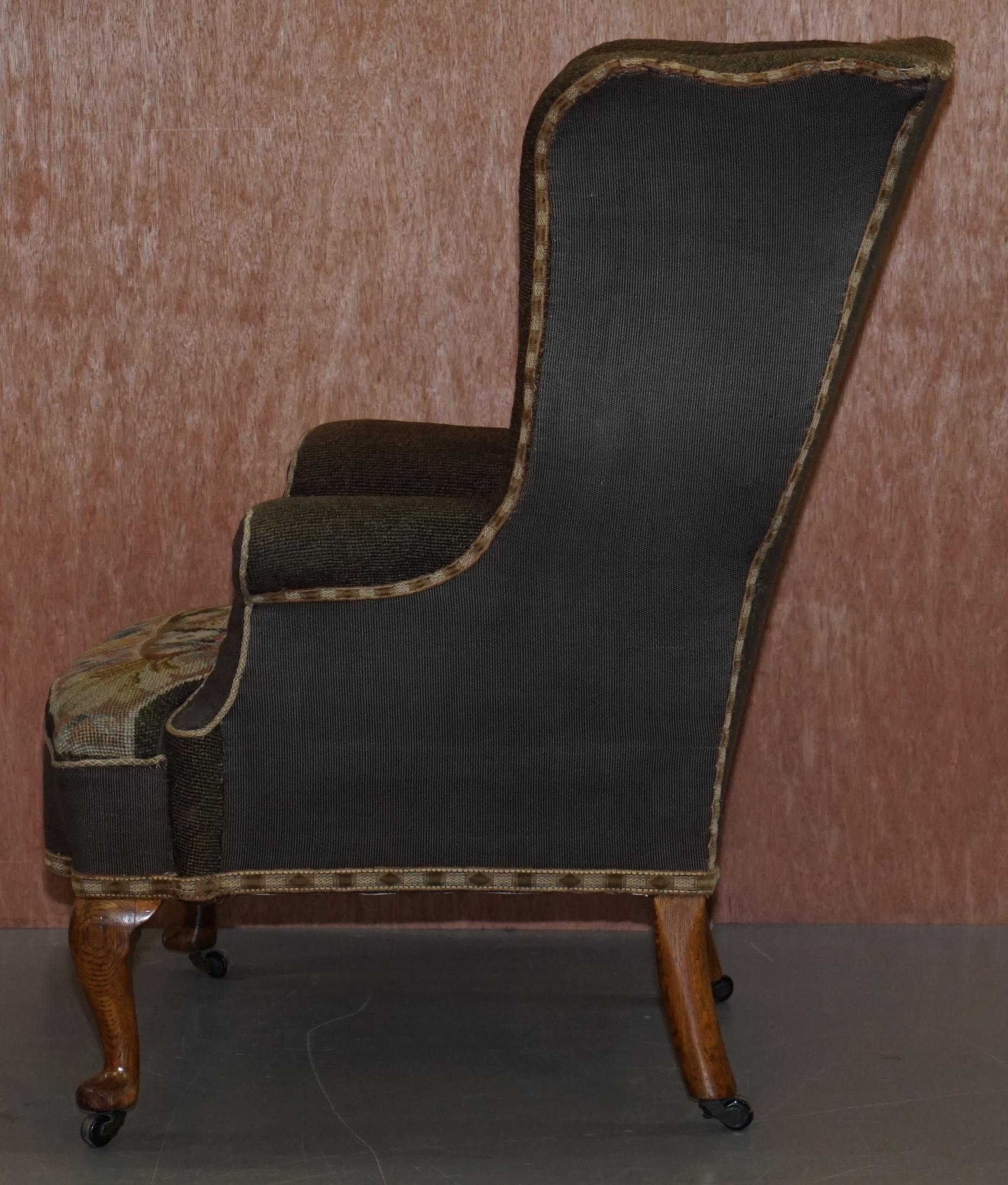Original circa 1840 Antique Victorian Wingback Armchair Embroidered Upholstery For Sale 7