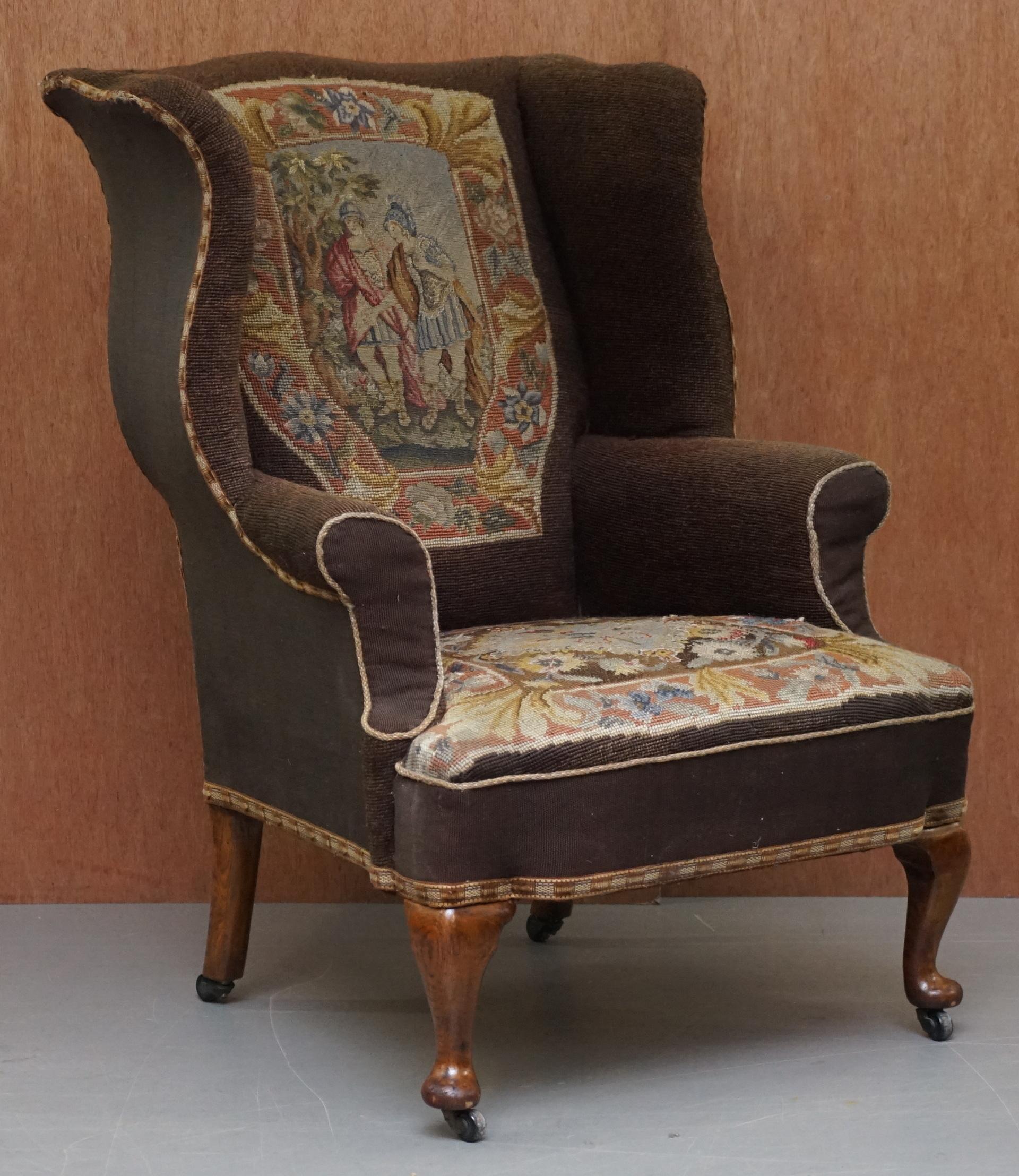 We are delighted to offer for sale this rather lovely original early Victorian English oak and embroidered wingback armchair

A very early and original wingback armchair, the embroidery is period, these pieces were decorated by elegant Victorian
