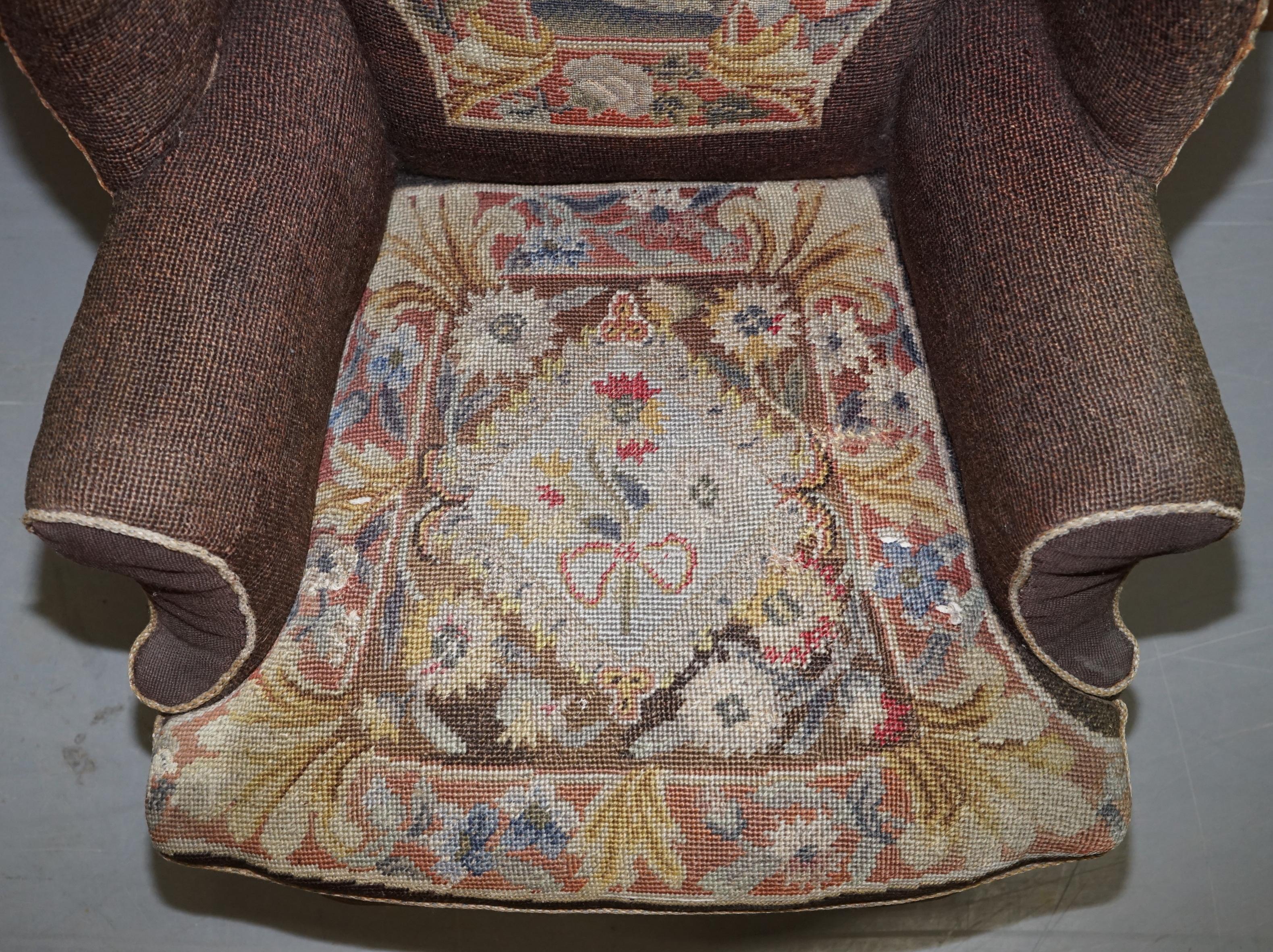 Hand-Crafted Original circa 1840 Antique Victorian Wingback Armchair Embroidered Upholstery For Sale