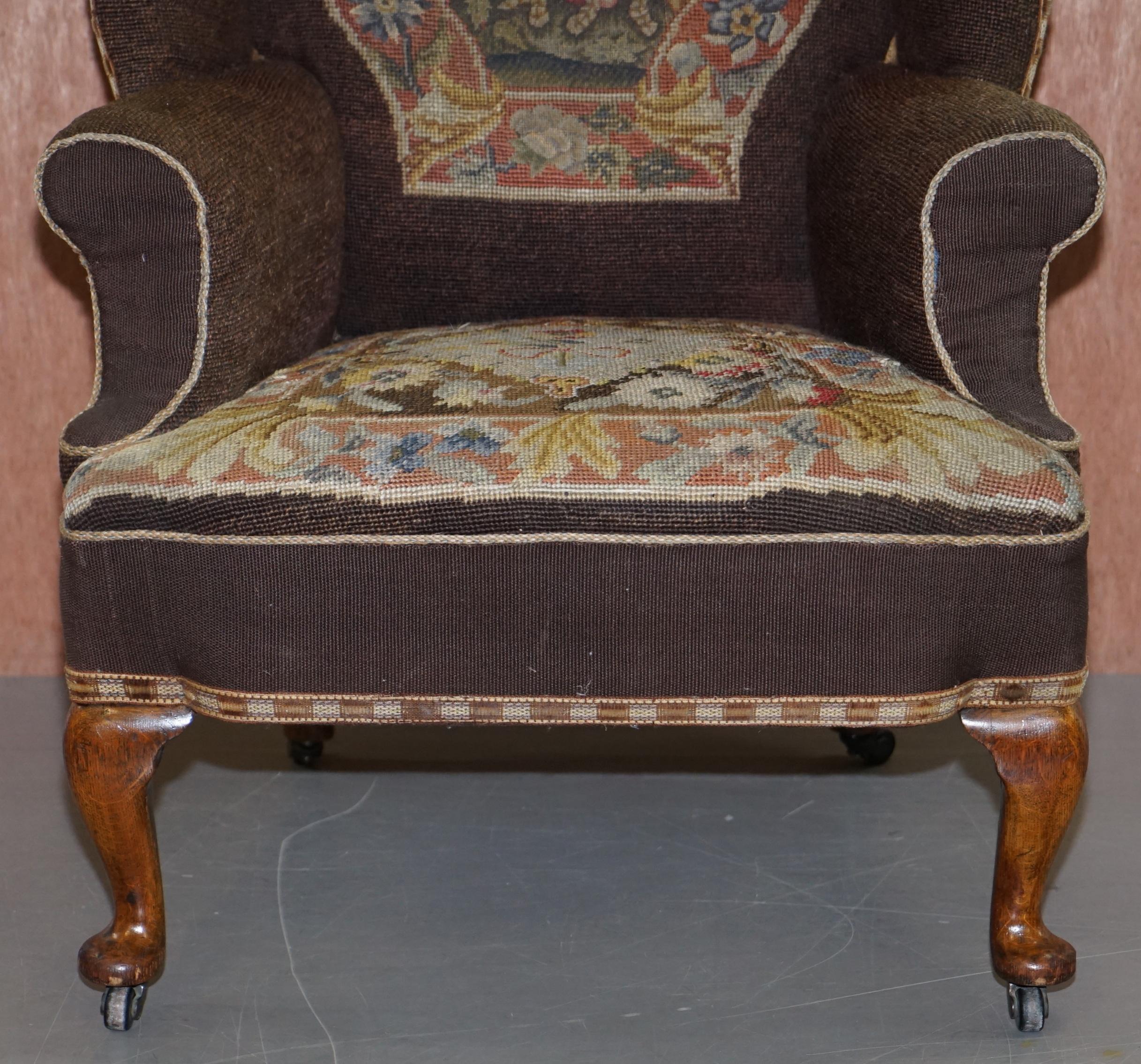 Mid-19th Century Original circa 1840 Antique Victorian Wingback Armchair Embroidered Upholstery For Sale