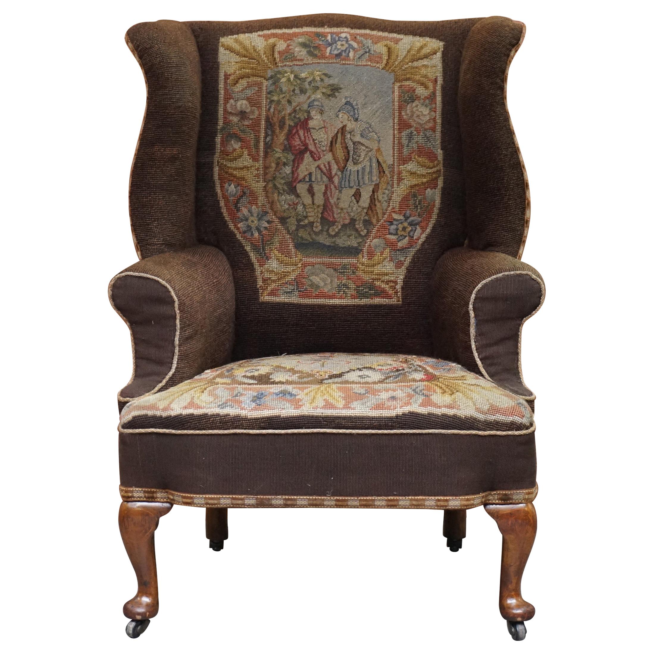 Original circa 1840 Antique Victorian Wingback Armchair Embroidered Upholstery For Sale