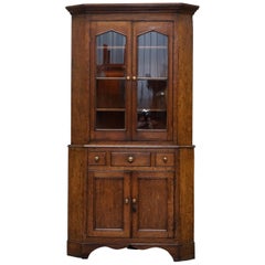 Original circa 1840 Victorian Honey Oak Corner Cupboard Bookcase Brass Handles