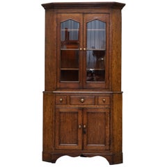 Antique Original circa 1840 Victorian Honey Oak Corner Cupboard Bookcase Brass Handles