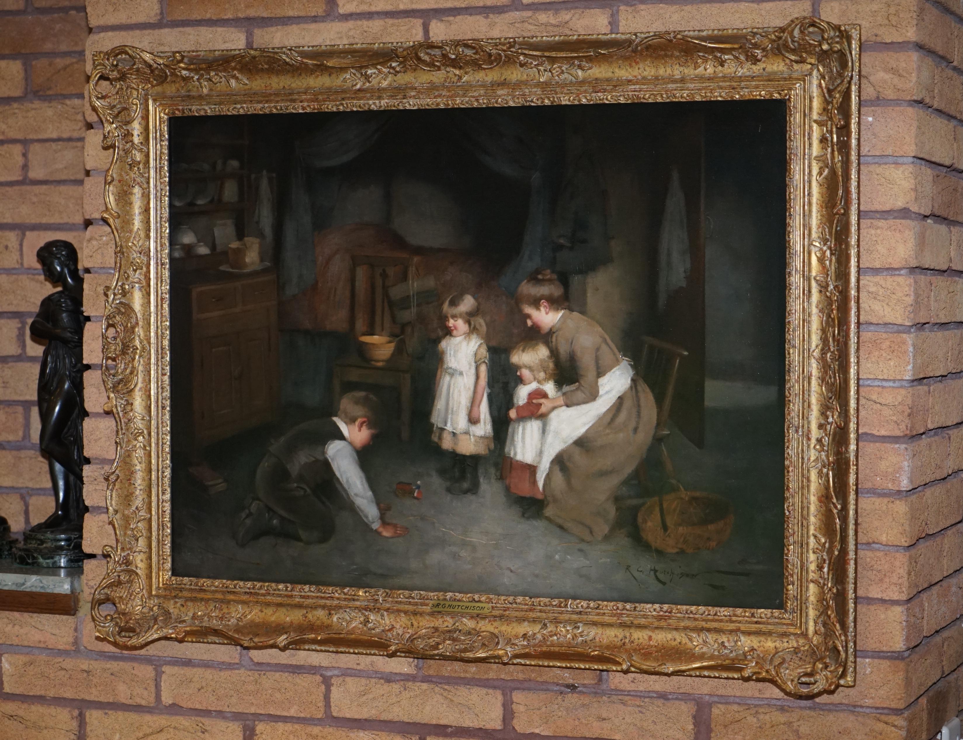We are delighted to offer for sale this stunning original circa 1880-1890 Robert Gemmell Hutchinson R.S.A oil on canvas titled “A New Toy”

I fell in love with this Gemmell the second I laid eyes on it. There is so much going on, its like a window