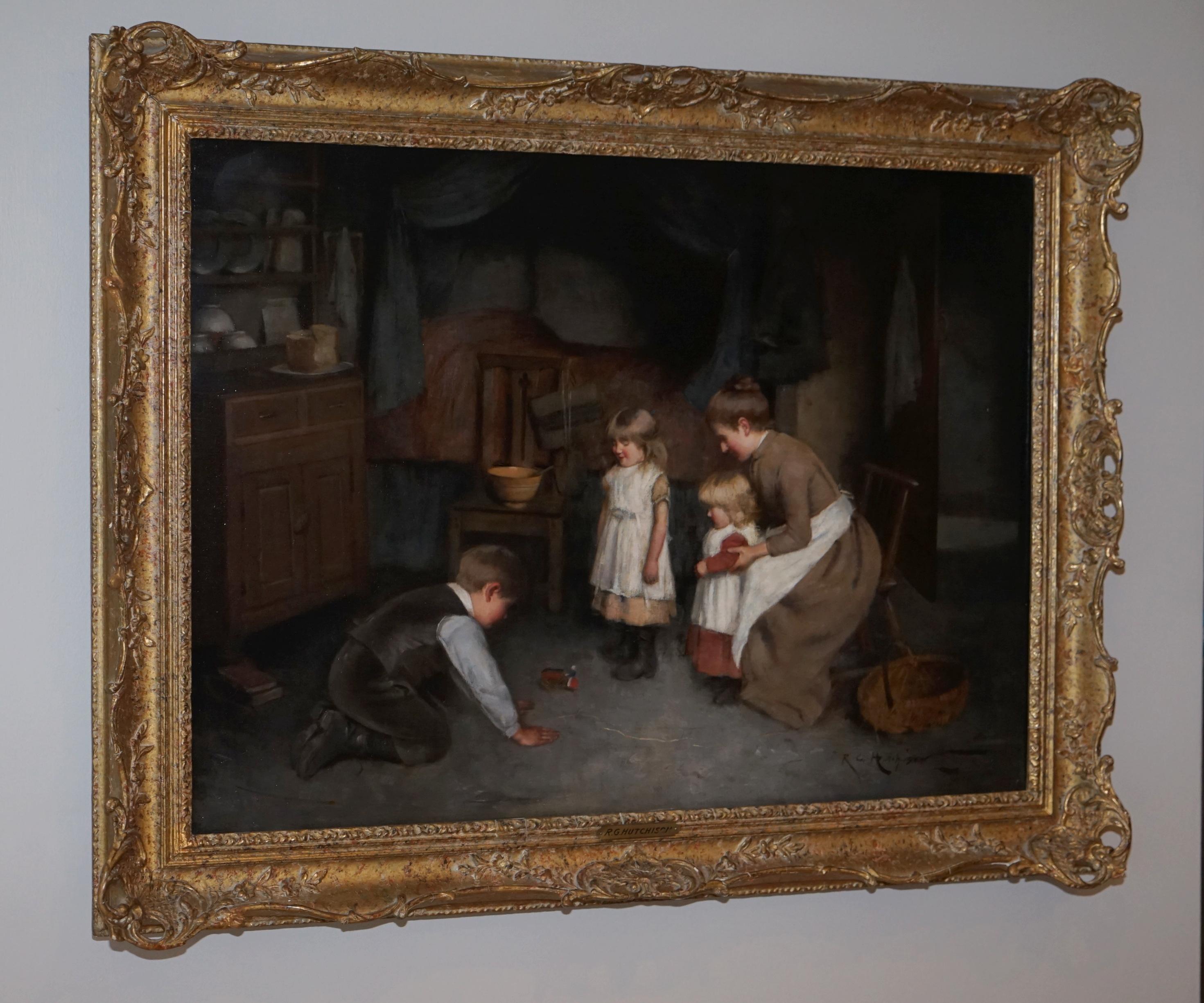 Victorien Huile sur toile originale de Robert Gemmell Hutchison représentant un nouveau jouet, datant d'environ 1880-90 en vente