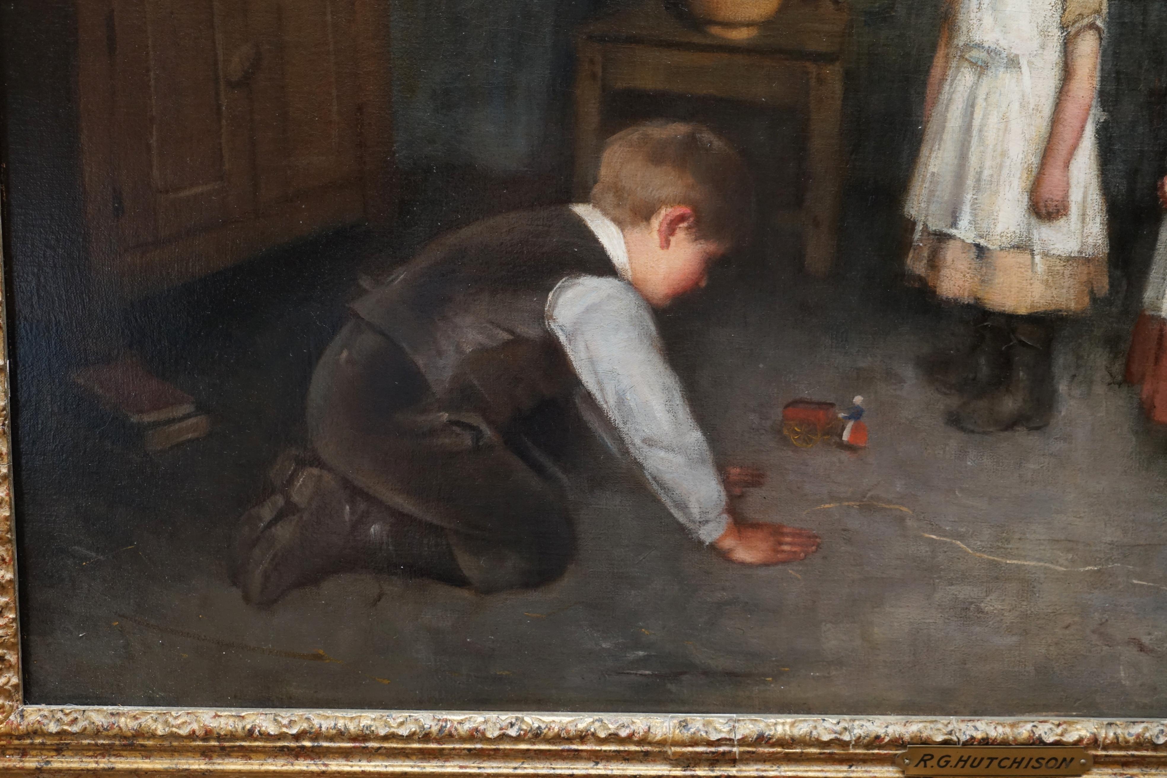 Victorian Original circa 1880-90 Robert Gemmell Hutchison Oil on Canvas Painting a New Toy For Sale
