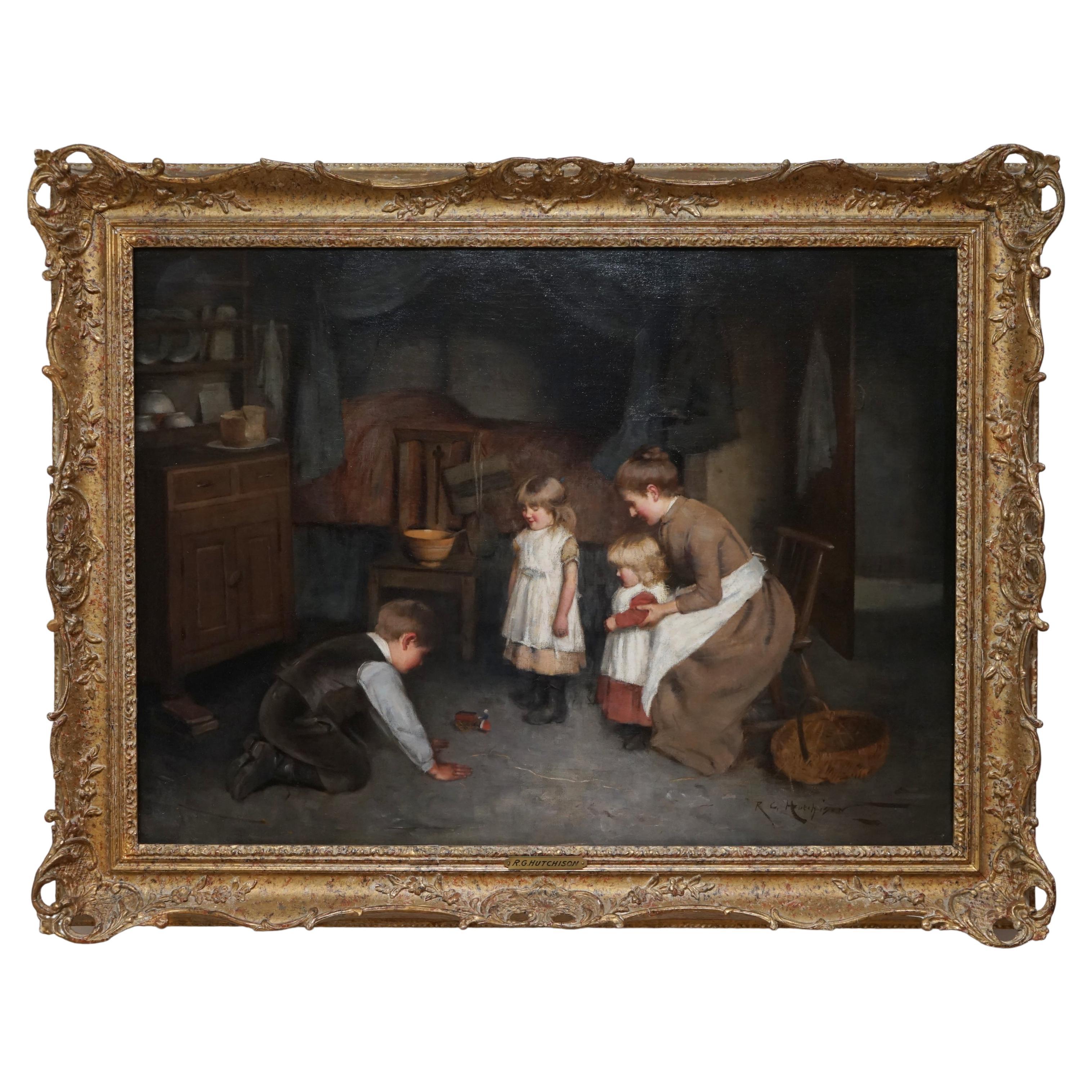 Huile sur toile originale de Robert Gemmell Hutchison représentant un nouveau jouet, datant d'environ 1880-90