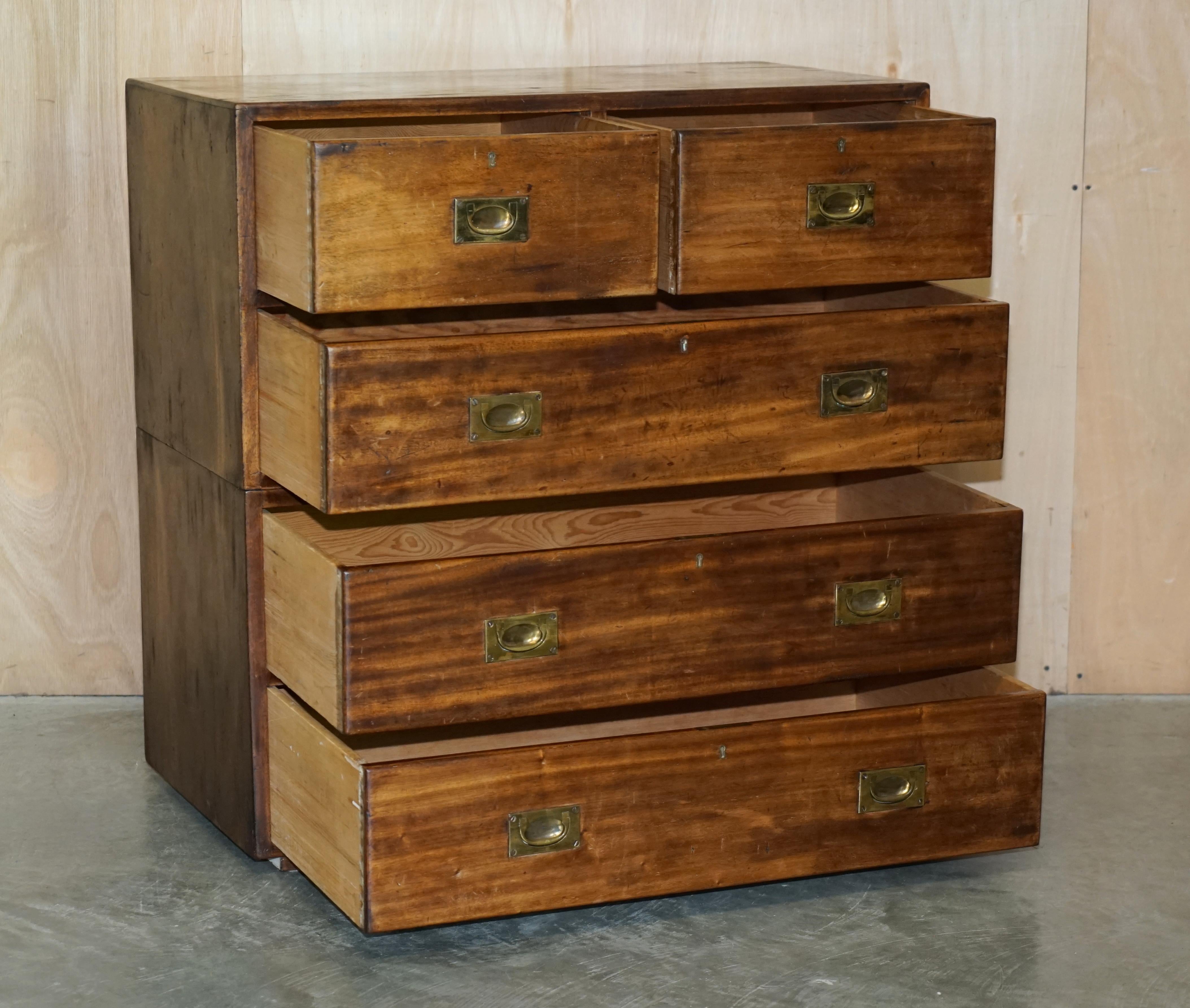 Original circa 1880 Hardwood Military Officers Campaign Chest of Drawers For Sale 11