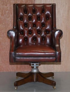 Original circa 1900 Brown Leather Fully Restored Captains Chair Hillcrest Base