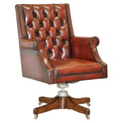 Original circa 1900 Brown Leather Fully Restored Captains Chair Hillcrest Base