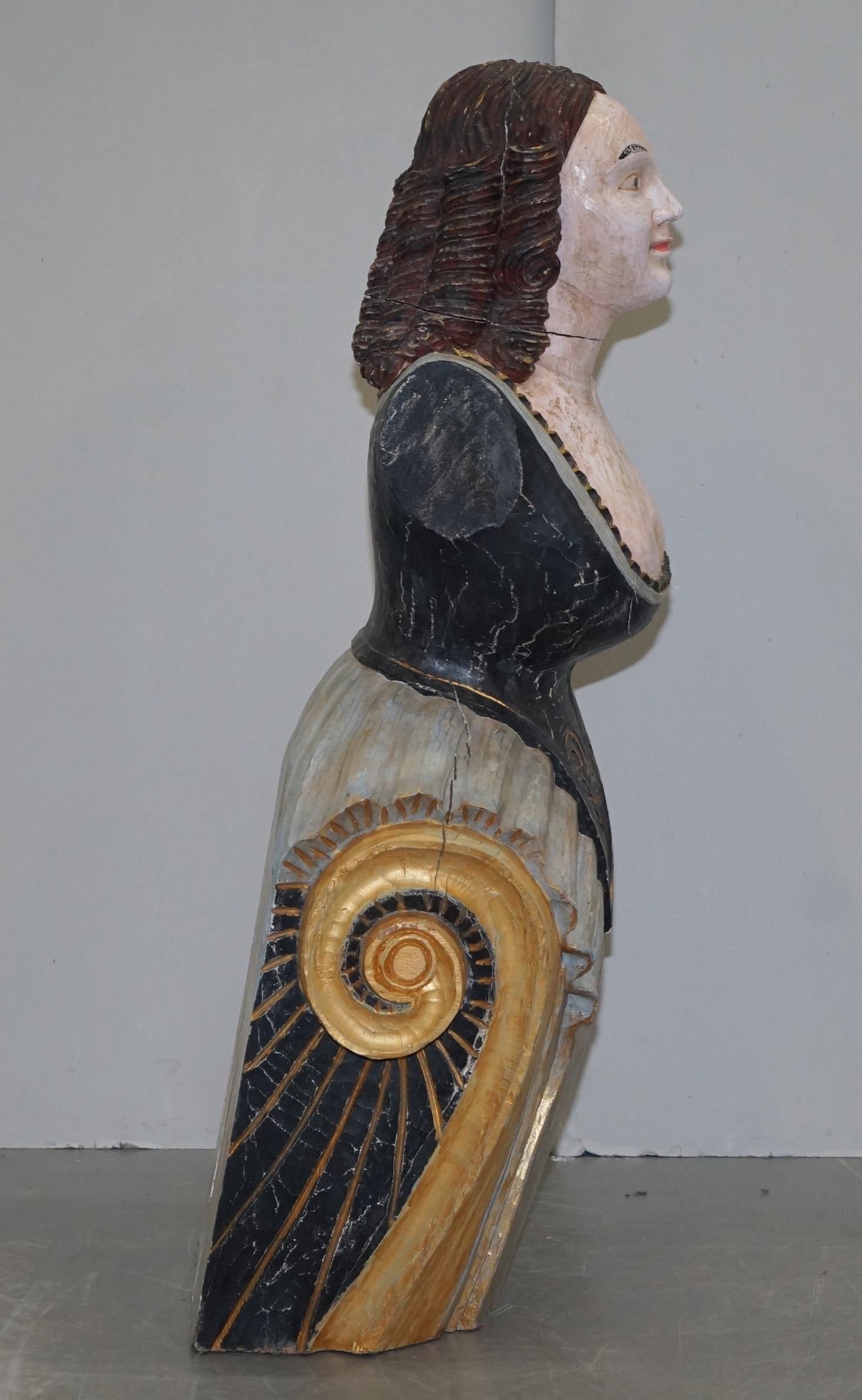 Original circa 1900 Hand Painted Ships Bust Herm Statue Sculpture Solid Hardwood 1