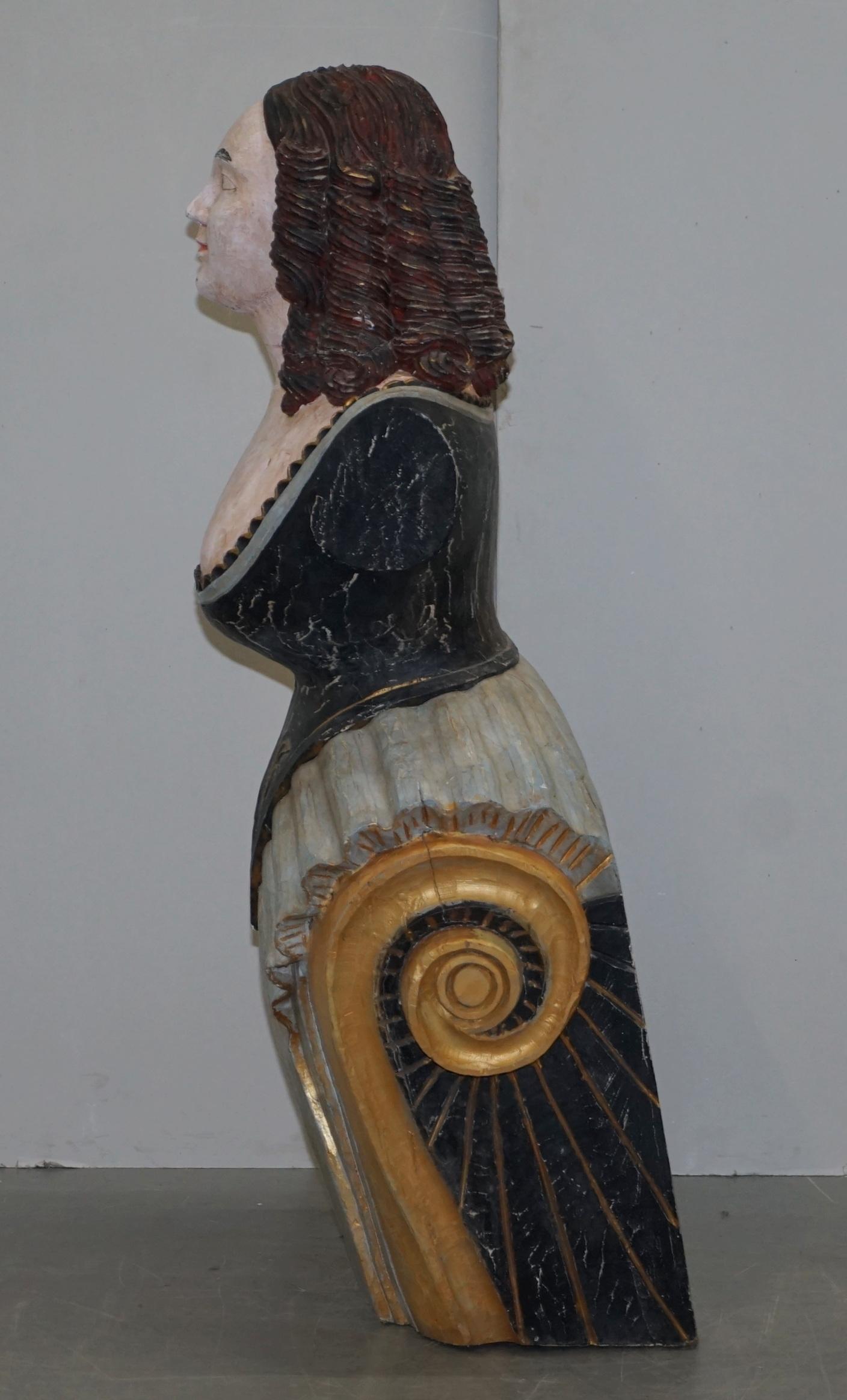 Original circa 1900 Hand Painted Ships Bust Herm Statue Sculpture Solid Hardwood 6