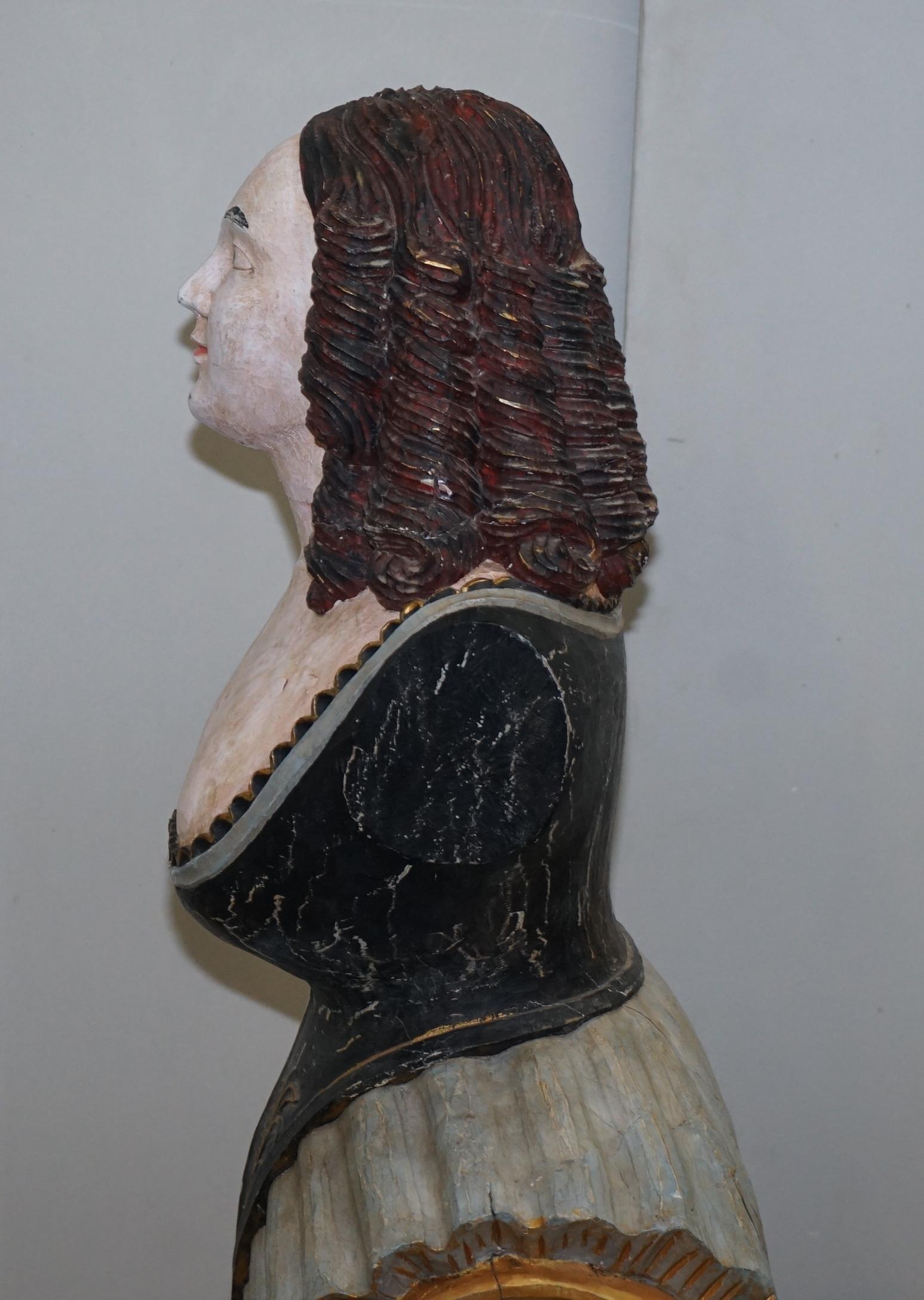 Original circa 1900 Hand Painted Ships Bust Herm Statue Sculpture Solid Hardwood 7