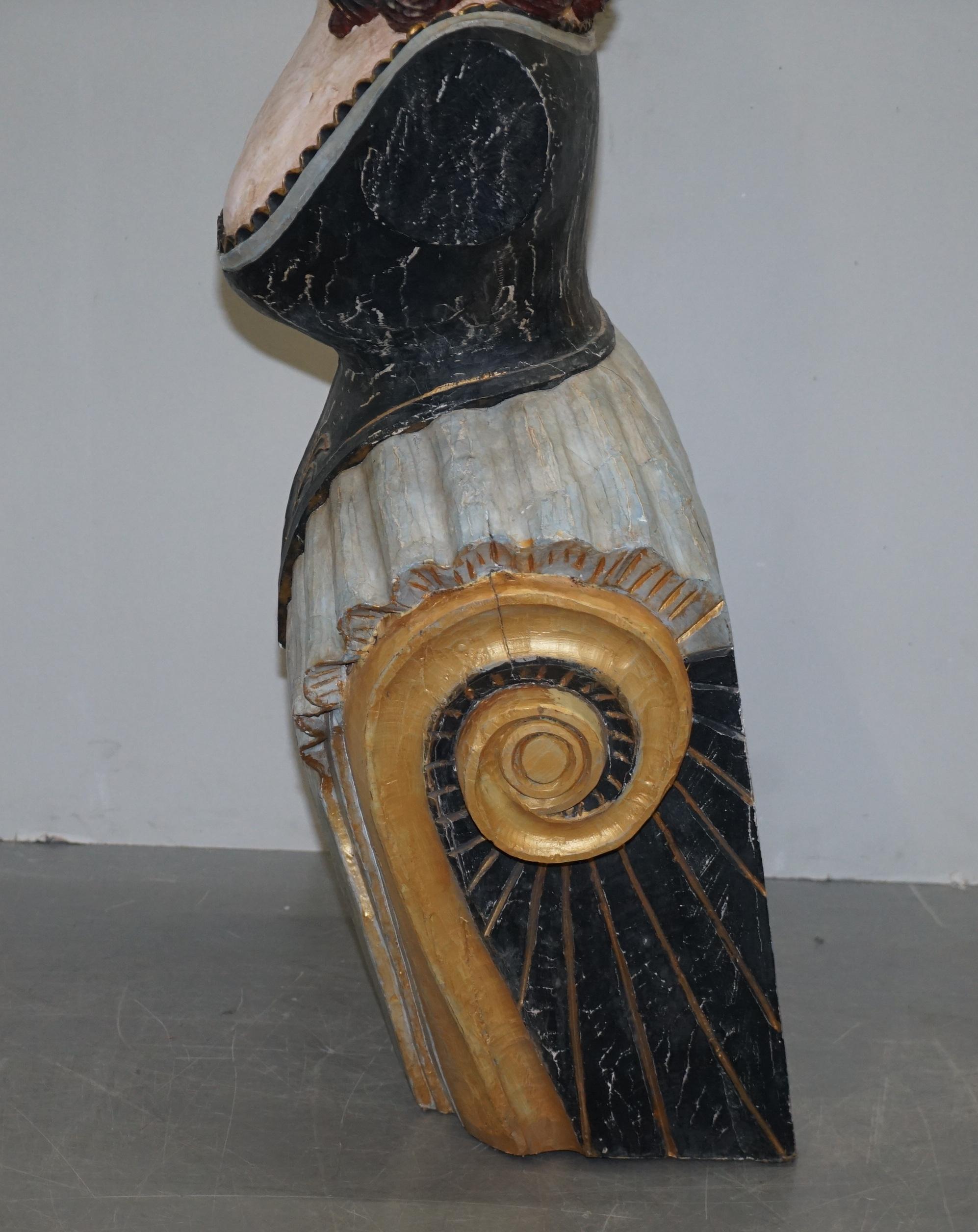 Original circa 1900 Hand Painted Ships Bust Herm Statue Sculpture Solid Hardwood 8