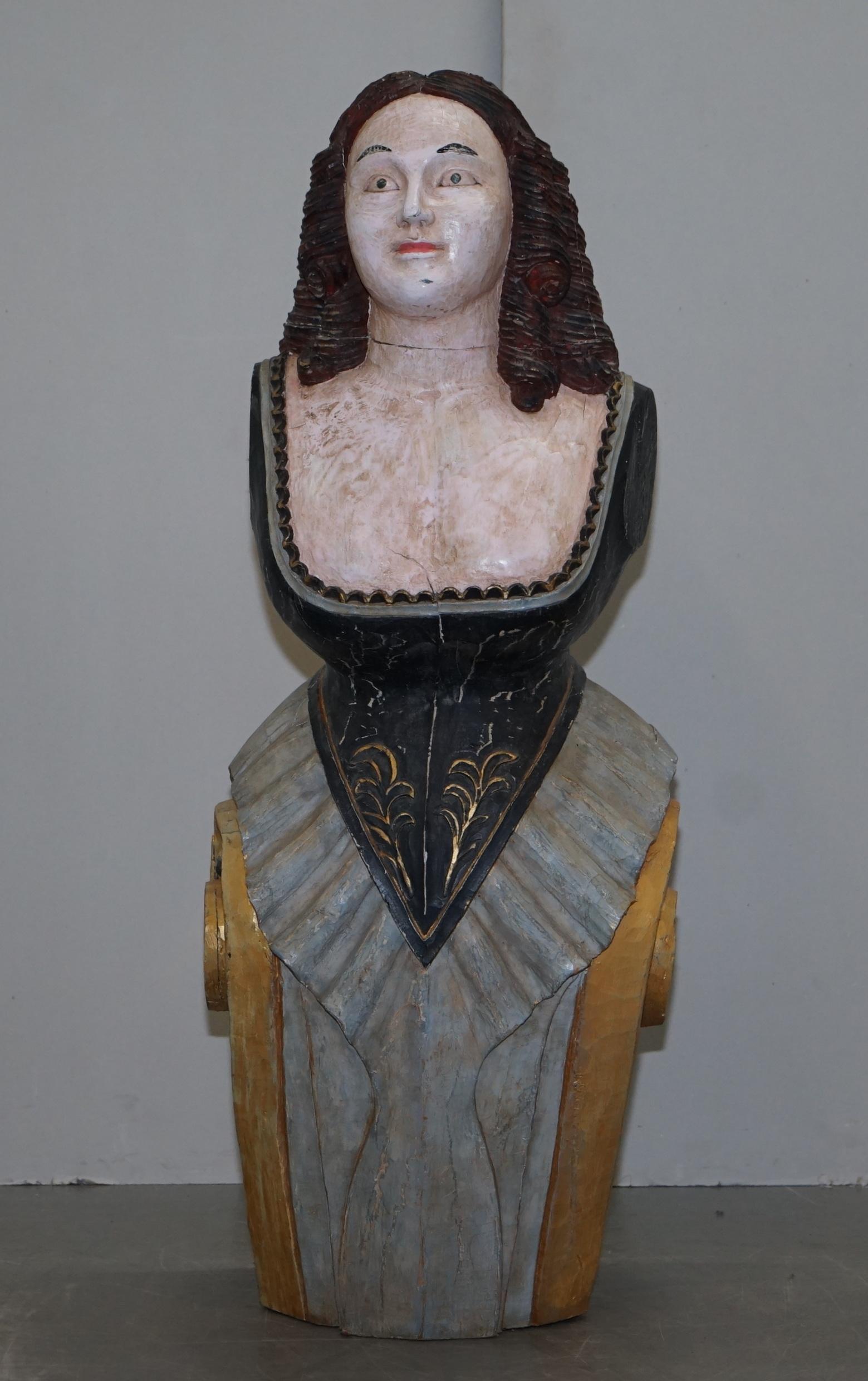 We are delighted to this lovely original hand carved and painted Herm statue bust to sit on the front of a ship

A very attractive and exceptionally decorative piece, it is solid hardwood, I can’t see what type exactly because of the paint, it’s