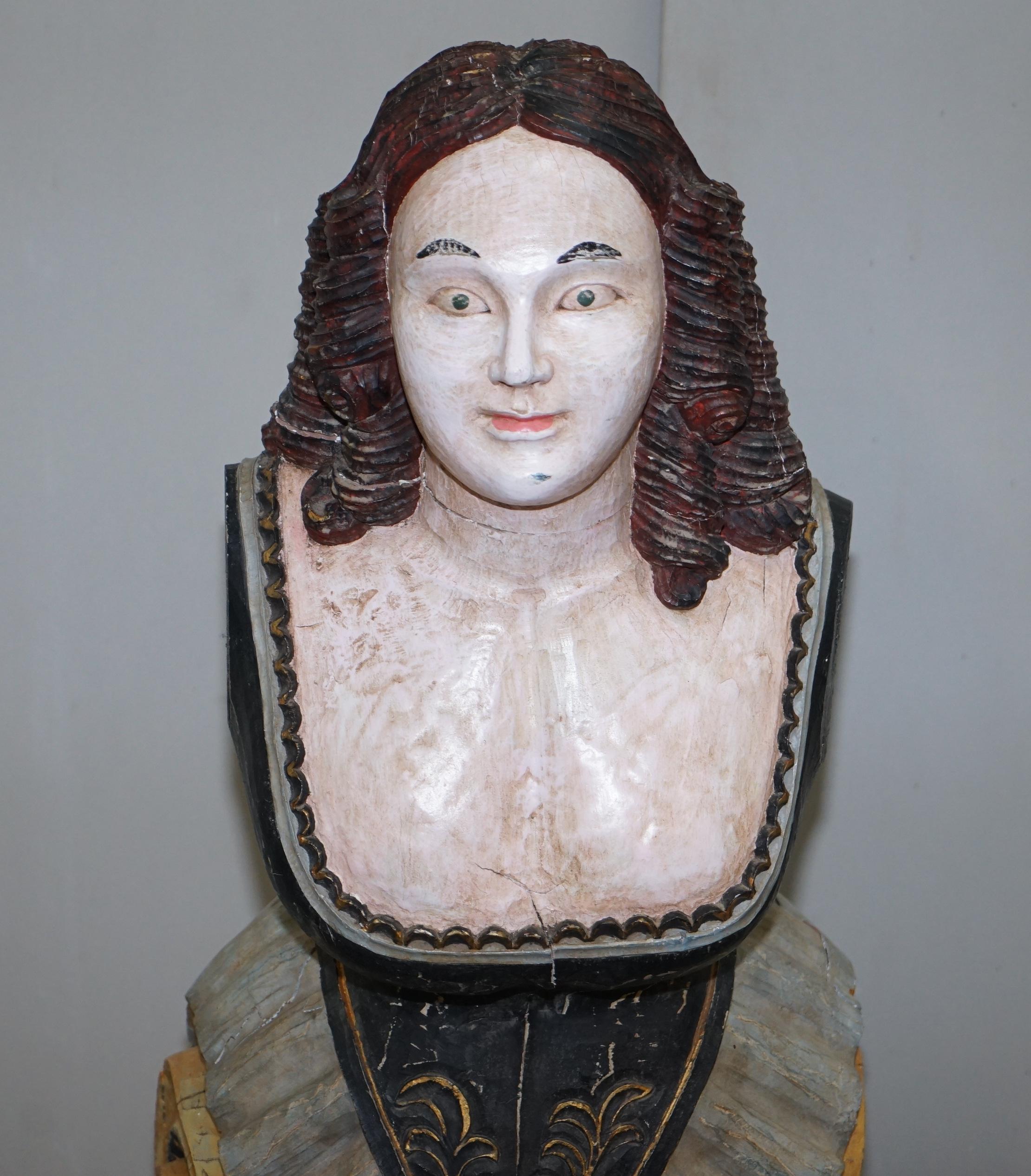 Hand-Painted Original circa 1900 Hand Painted Ships Bust Herm Statue Sculpture Solid Hardwood