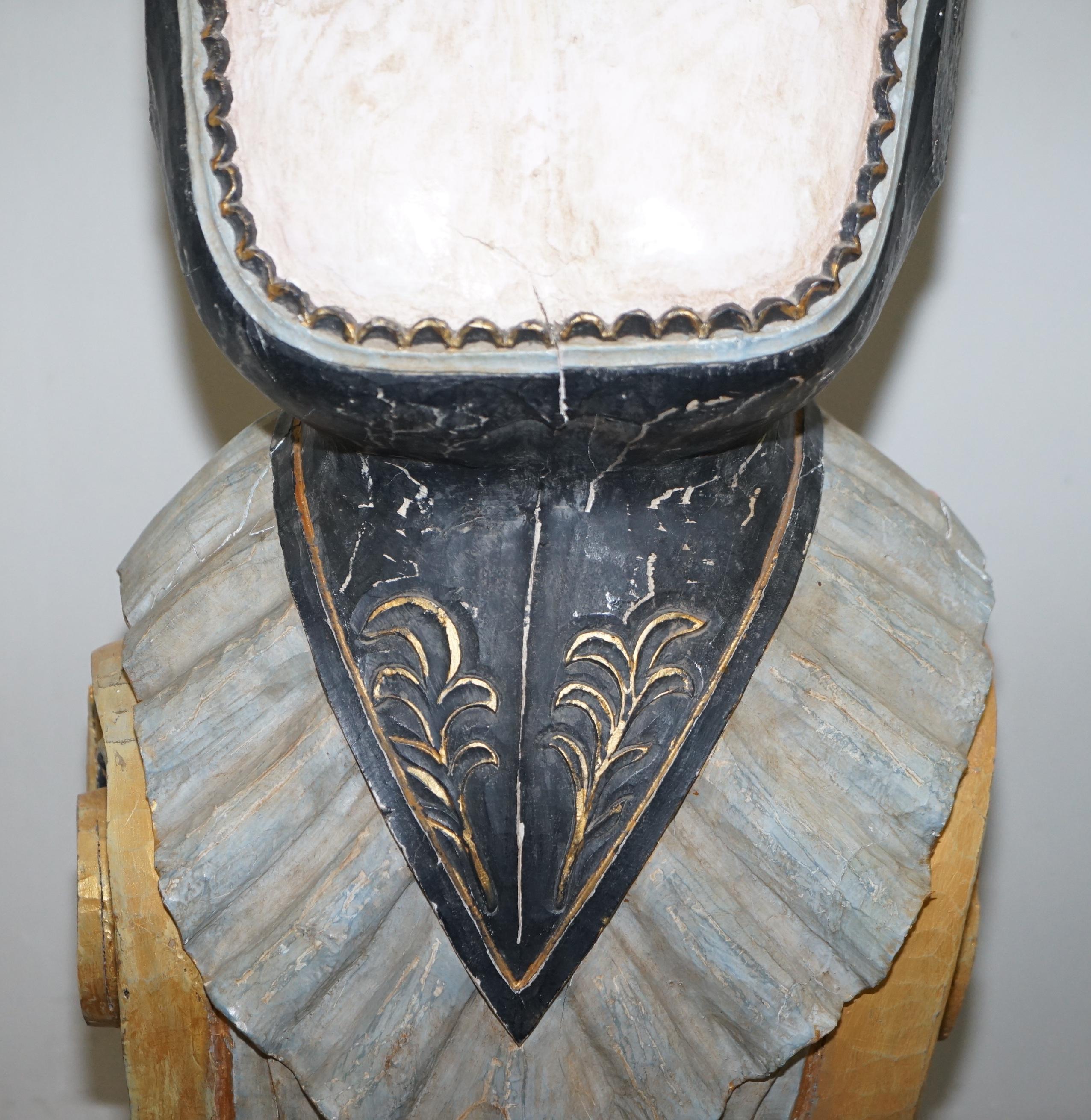 Wood Original circa 1900 Hand Painted Ships Bust Herm Statue Sculpture Solid Hardwood