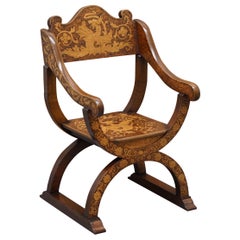 Original circa 1900 Scottish Celtic Dragon Poker Work Walnut Savonarola Armchair