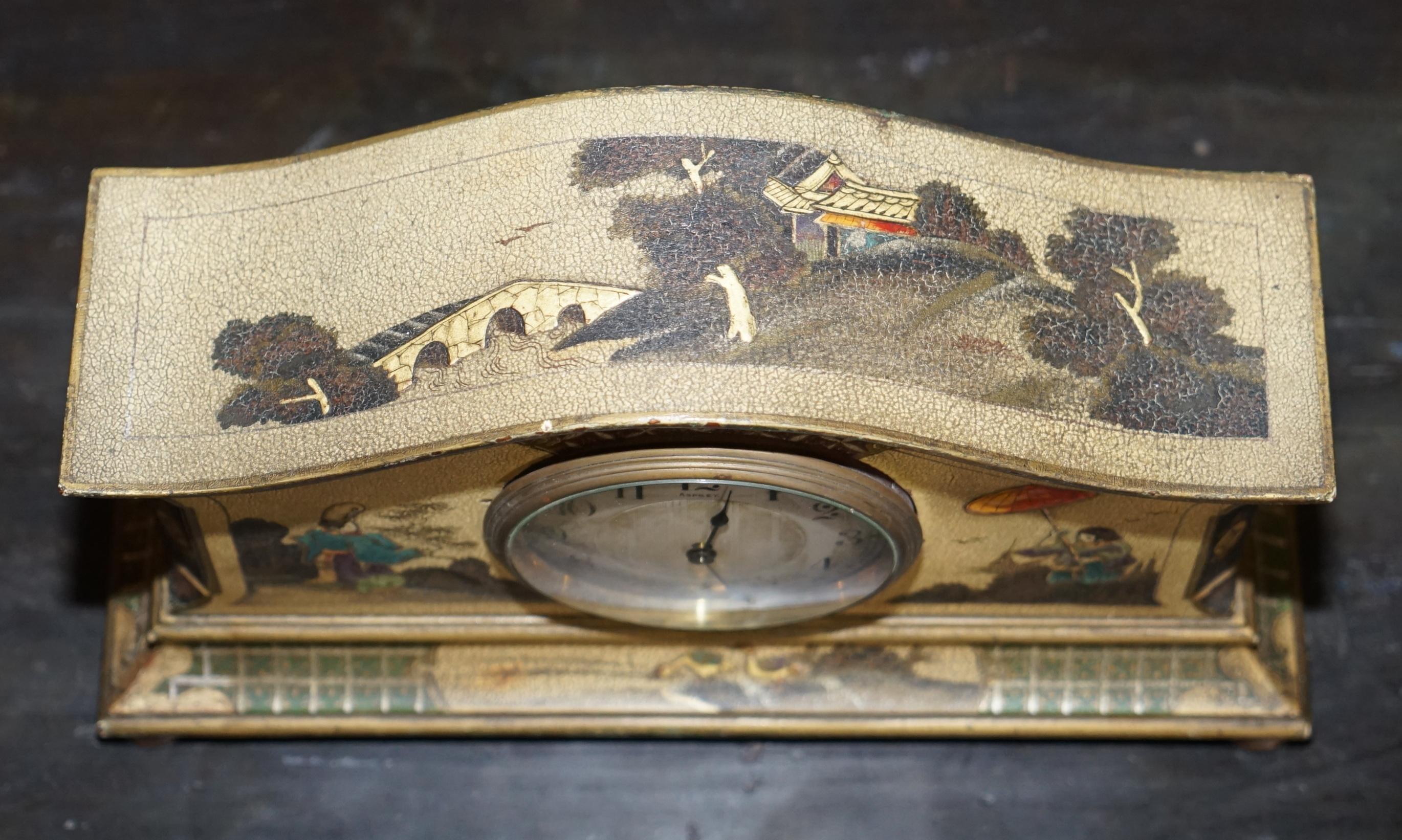 English Original circa 1920's Asprey London Chinoiserie Mantle Clock Lovely Decoration For Sale