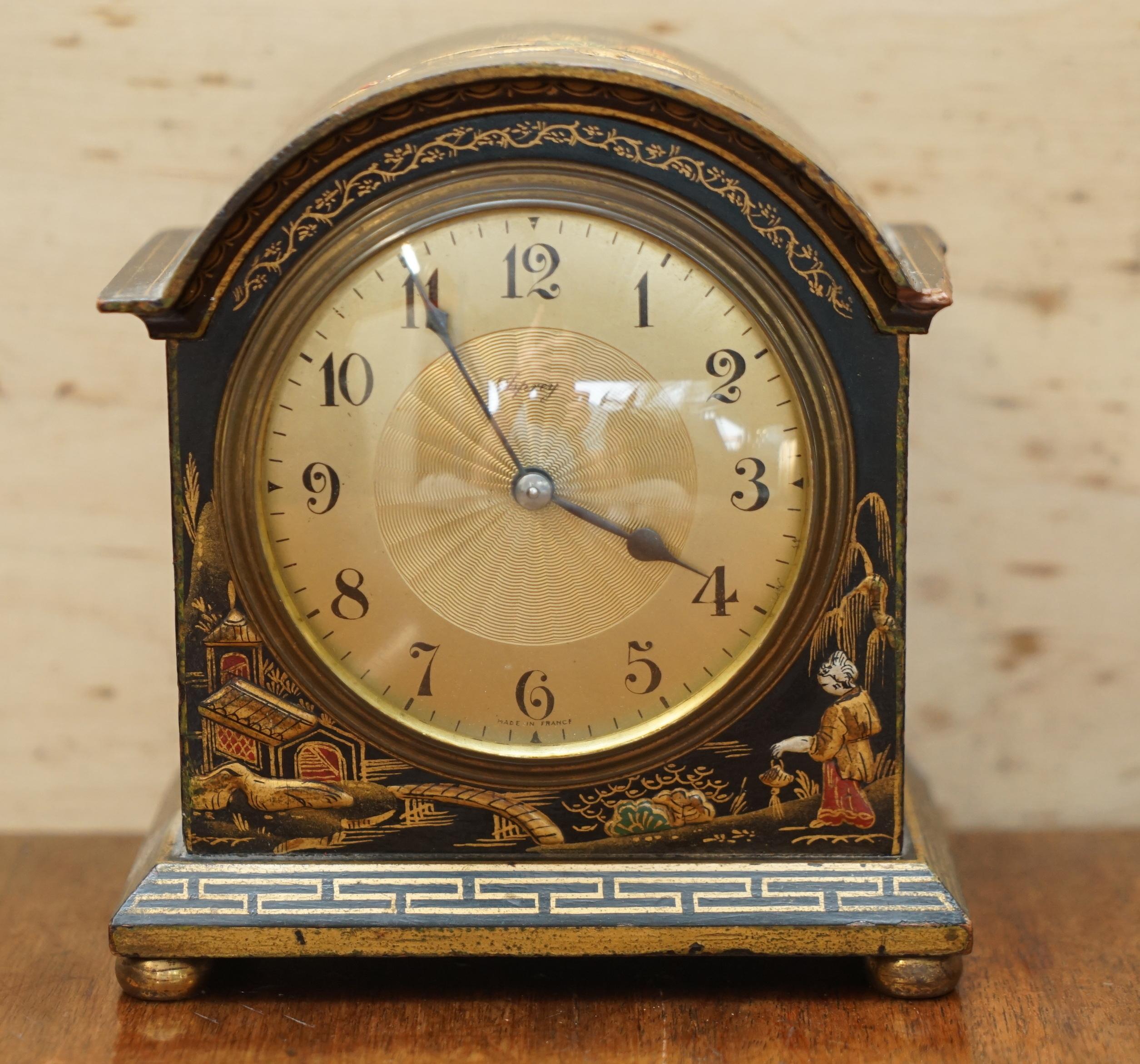We are delighted to offer for sale this lovely original circa 1930’s Asprey London Chinoiserie mantle clock.

A very decorative and well made piece, retailed through one of the finest silversmiths England has ever produced, Asprey’s.

The clock