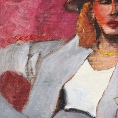 Peinture originale de portrait rose d'une femme dans un costume de Clair Seglem