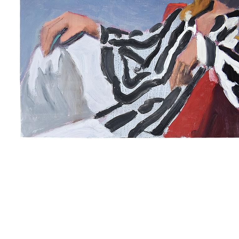 Magnifique portrait bohème d'une femme au repos, par l'artiste de l'Oklahoma Clair Seglem. Le sujet de la peinture est une femme aux ravissants cheveux jaunes renversés sur le côté. Elle porte une chemise de pyjama à rayures noires et blanches (le