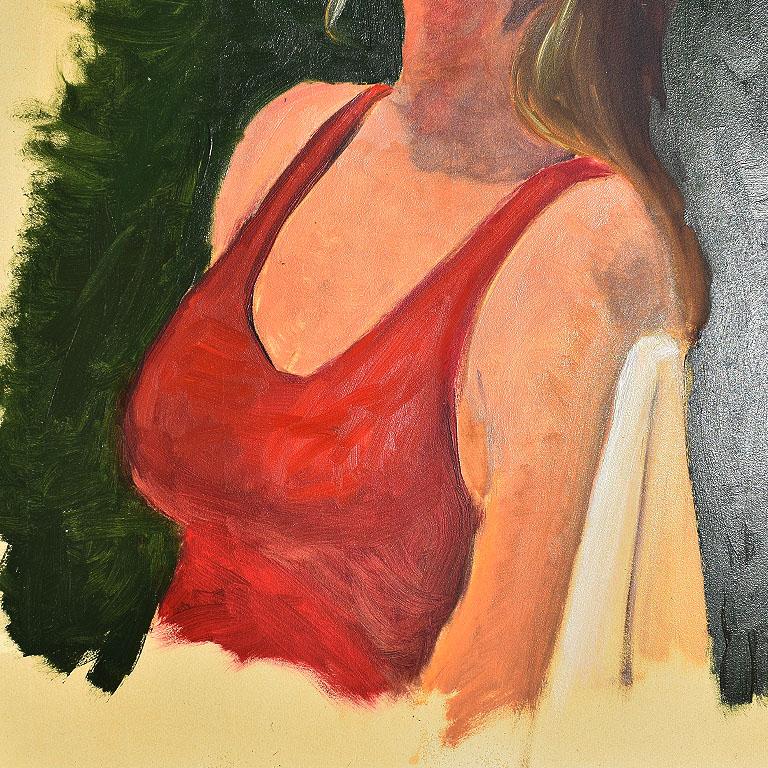 A lovely portrait painting of a woman in red. The subject of this piece is a woman with light brown hair with a fringe. She looks off to the side and wears a red tank top and a red lip. Painted on paper, the artist covered the entire piece in a soft