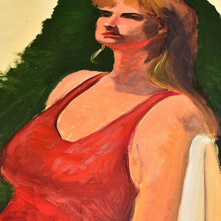 Modern Original Clair Seglem Portrait Painting of a woman with Red Top on Green For Sale