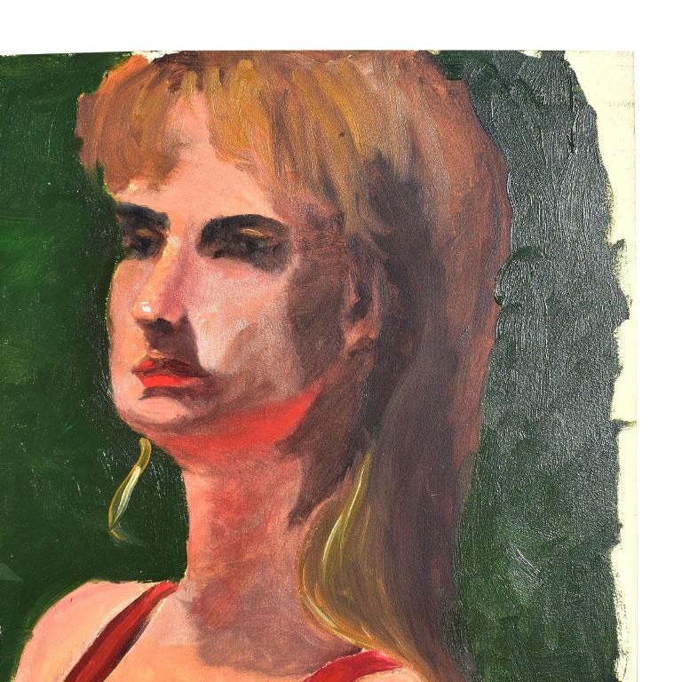 Original Clair Seglem Portrait Painting of a woman with Red Top on Green In Excellent Condition For Sale In Oklahoma City, OK
