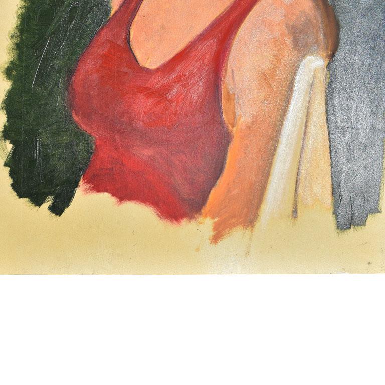 20ième siècle Peinture originale de portrait d'une femme avec un haut rouge sur vert de Clair Seglem en vente