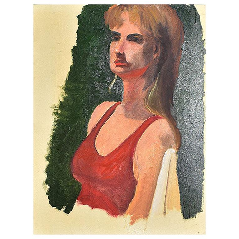 Original Clair Seglem Portrait Painting of a woman with Red Top on Green