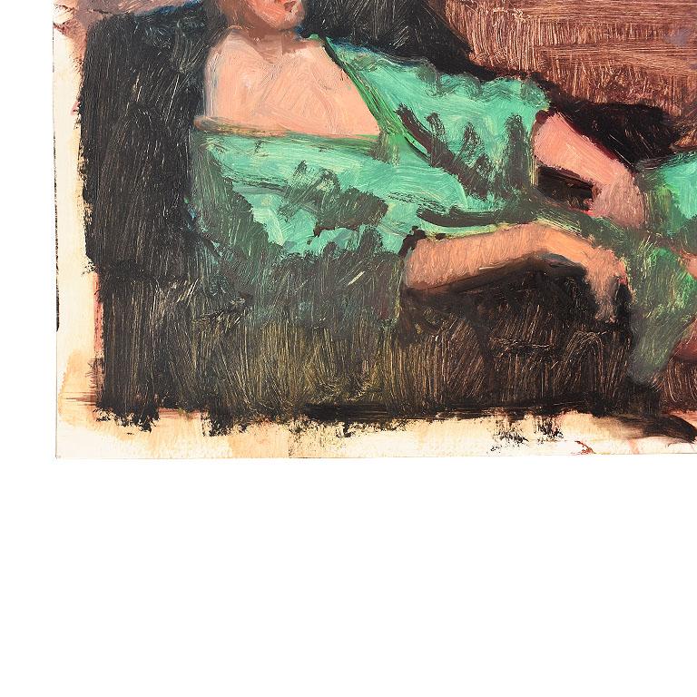A lovely horizontal portrait painting of a woman in repose. Painted on paper, this piece depicts a woman with brown hair lounging on a sofa. She wears a bright green robe, which is open to show her shoulders. He blonde hair is either short or