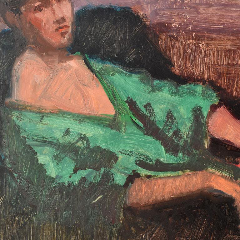 Bohemian Original Clair Seglem Portrait Painting of Woman in Repose in Green