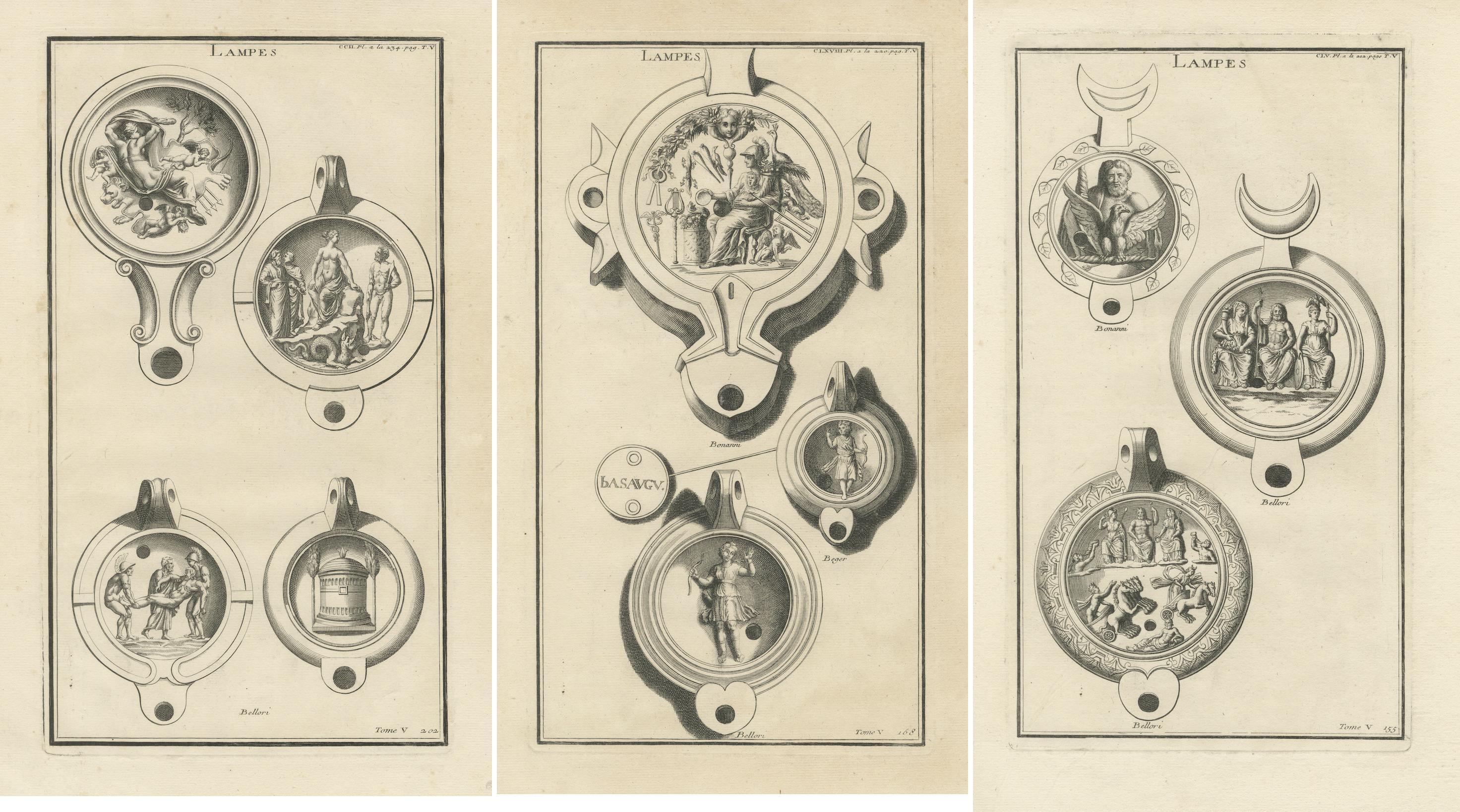 Early 18th Century Original Classical Lamp Engravings: Montfaucon's Collection, Published in 1722 For Sale