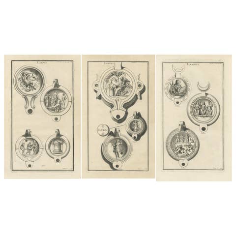Original Classical Lamp Engravings: Montfaucon's Collection, Published in 1722