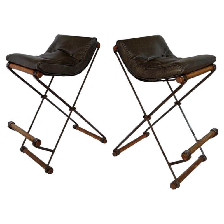 Signed Cleo Baldon Terra Wrought Iron Bar Counter X Stools Mid Century Modern