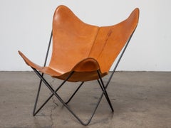 Silla Mariposa Hardoy original de cuero coñac, fabricada por Knoll, años 50