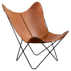 Chaise papillon originale en cuir cognac Hardoy, éditée par Knoll, années 1950