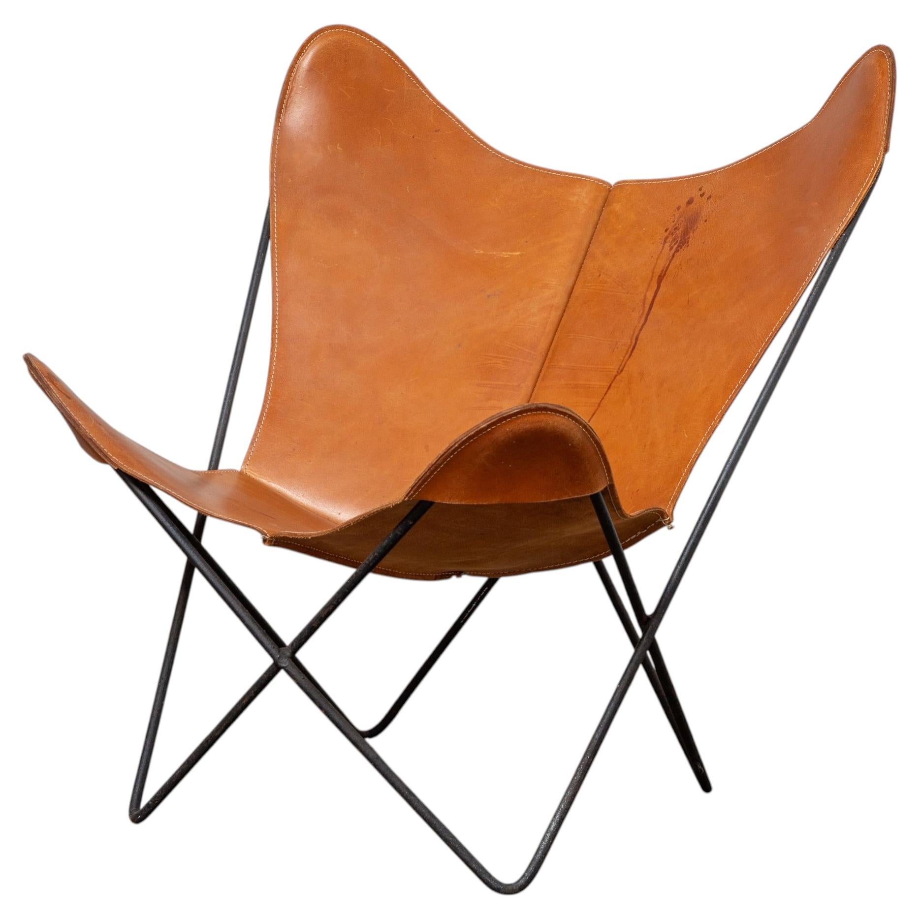 Original Cognac Leather Hardoy Butterfly Chair, Issued by Knoll, 1950s