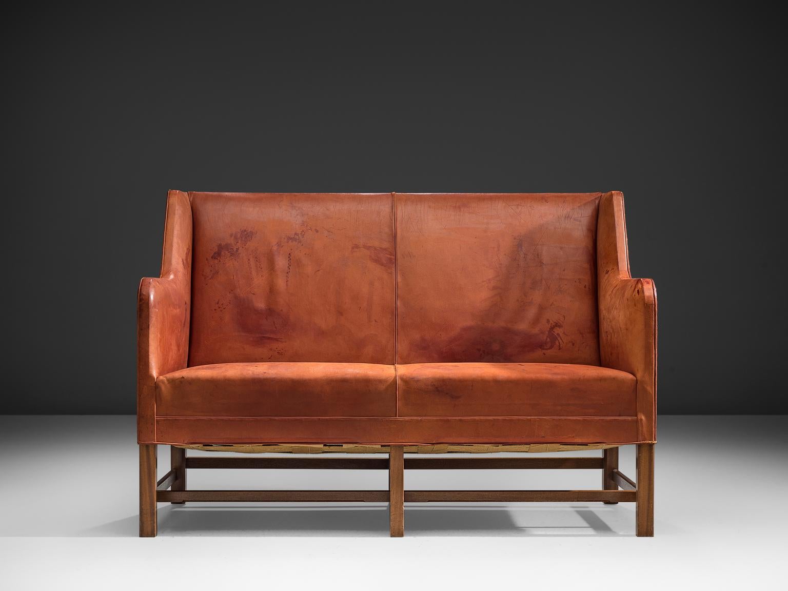 Scandinavian Modern Original Cognac Leather Kaare Klint Sofa for Rud Rasmussen