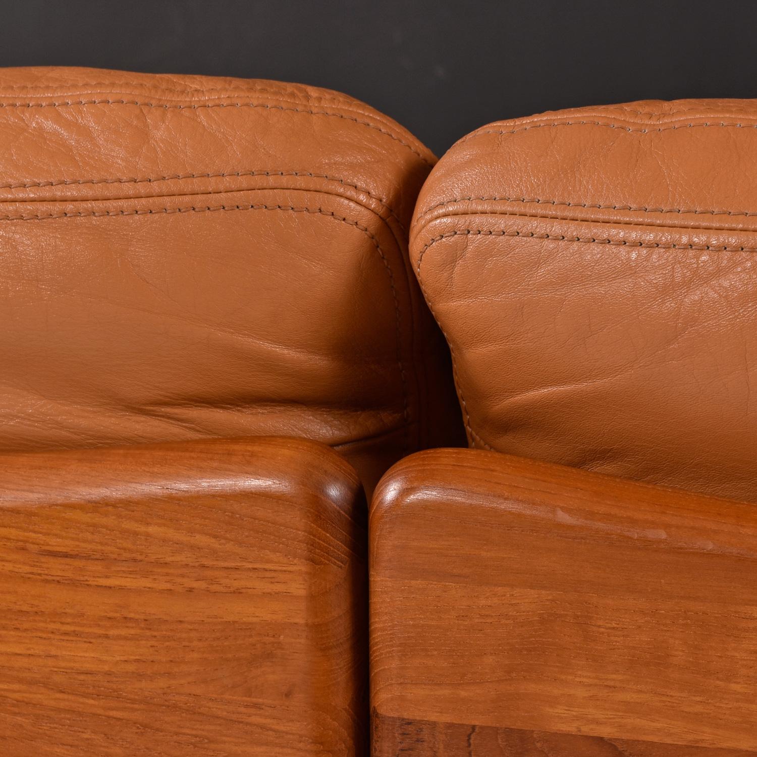 Mid-Century Modern Original Cognac Leather Solid Teak Danish Loveseat Sofa by A. Mikael Laursen For Sale