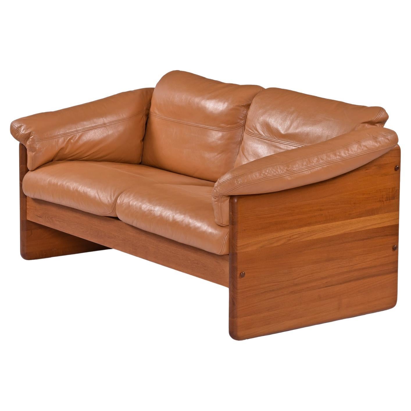 Original Cognac Leather Solid Teak Danish Loveseat Sofa by A. Mikael Laursen