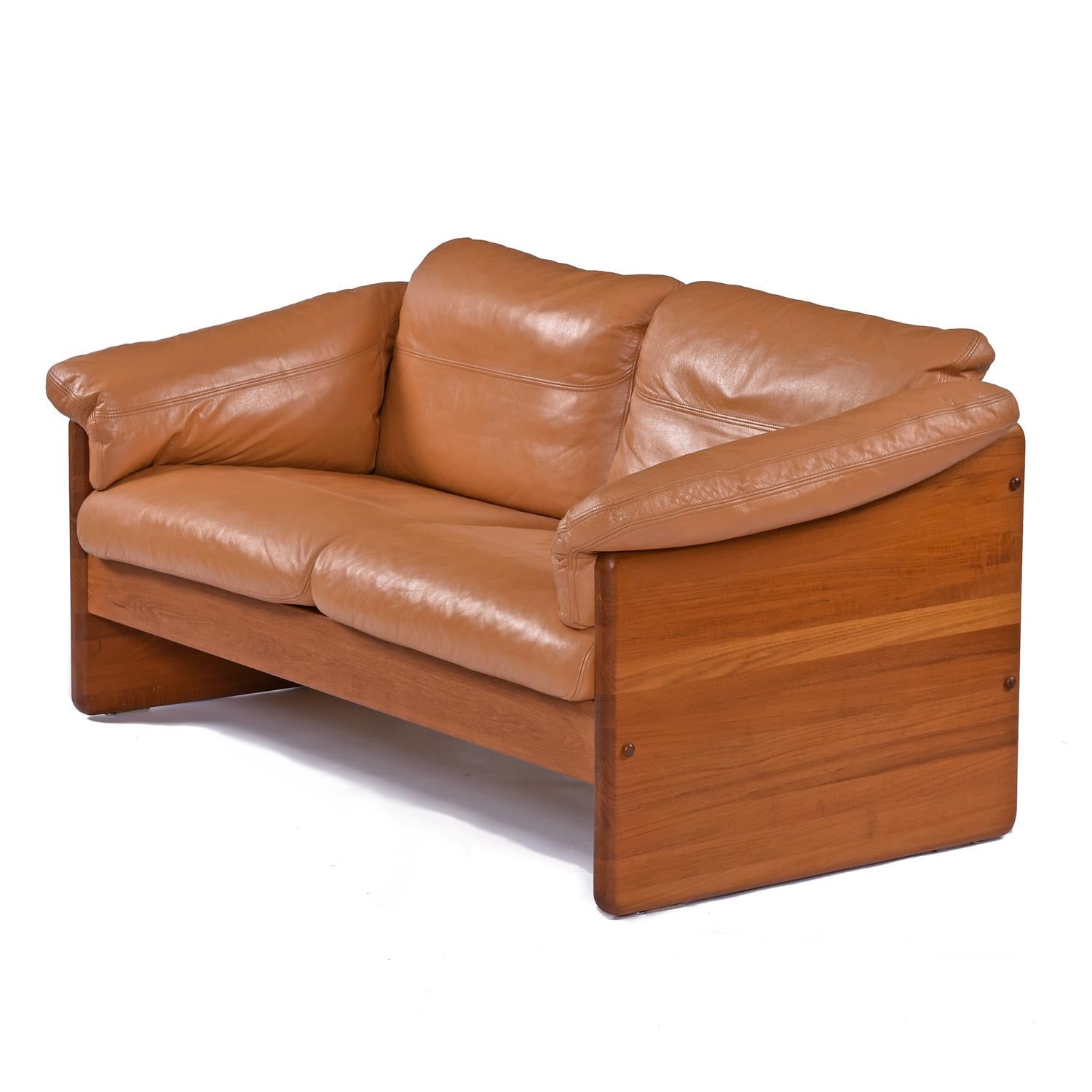 Mid-Century Modern Original Cognac Leather Solid Teak Danish Sofa Loveseat Set by A. Mikael Laursen For Sale