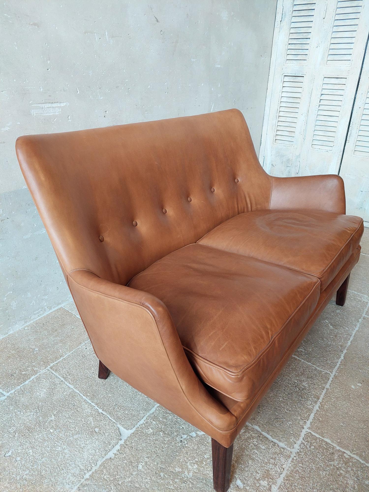 Original Cognac Leather Two-Seater Sofa by Arne Vodder and Ivan Schlechter 1953 6