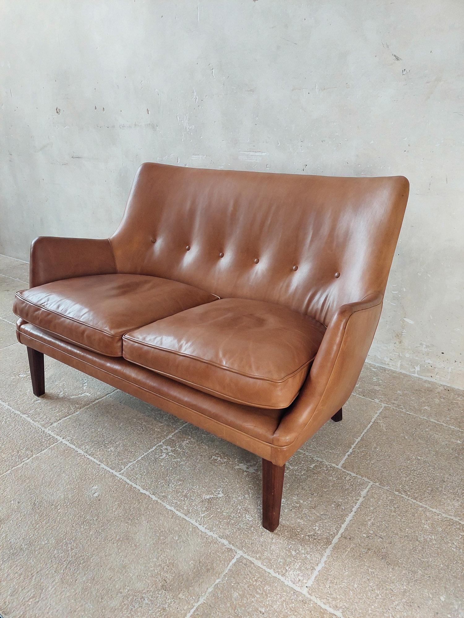 Original Cognac Leather Two-Seater Sofa by Arne Vodder and Ivan Schlechter 1953 7