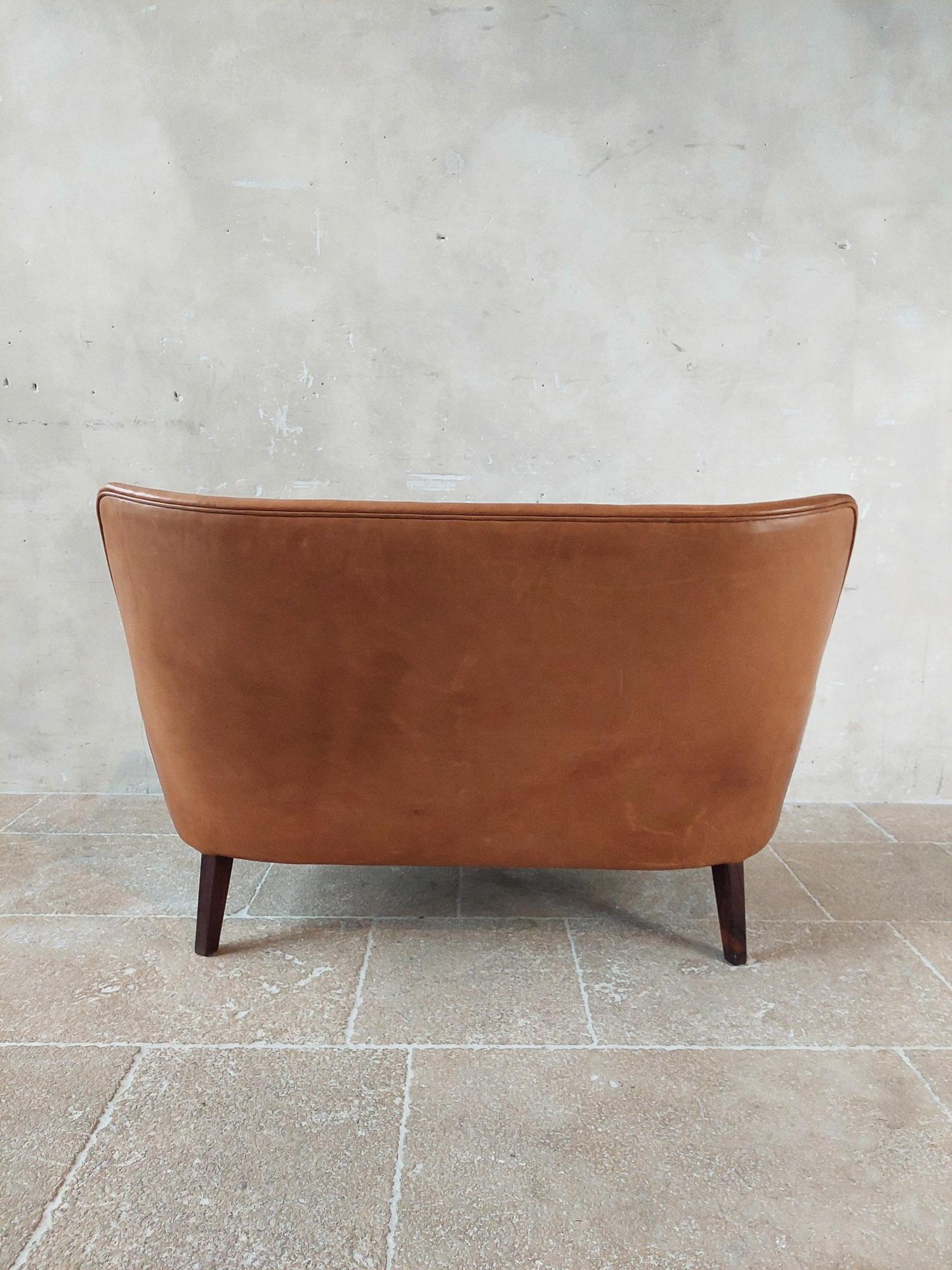 Original Cognac Leather Two-Seater Sofa by Arne Vodder and Ivan Schlechter 1953 9