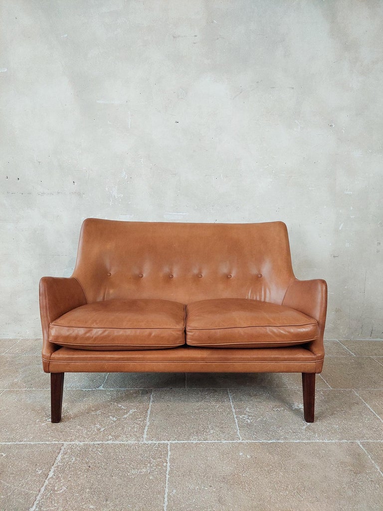 Original Cognac Leather Two-Seater Sofa by Arne Vodder and Ivan Schlechter  1953 For Sale at 1stDibs